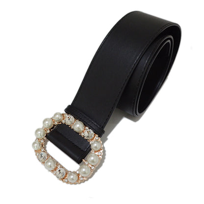 Wide Belt Fashion Pearl Rhinestone Square Buckle