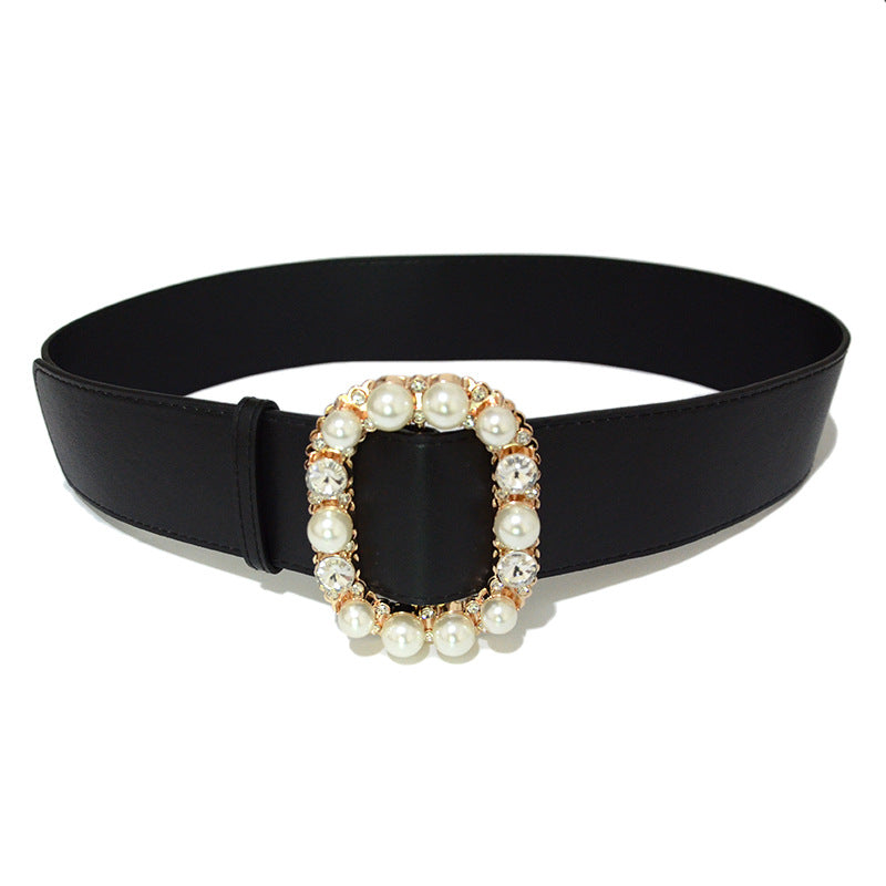 Wide Belt Fashion Pearl Rhinestone Square Buckle