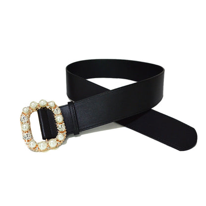 Wide Belt Fashion Pearl Rhinestone Square Buckle