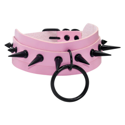 Punk style double layer PU leather black nail collar