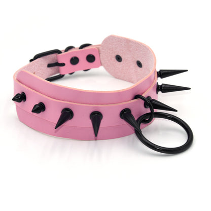 Punk style double layer PU leather black nail collar