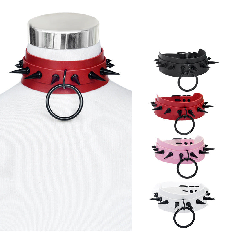 Punk style double layer PU leather black nail collar