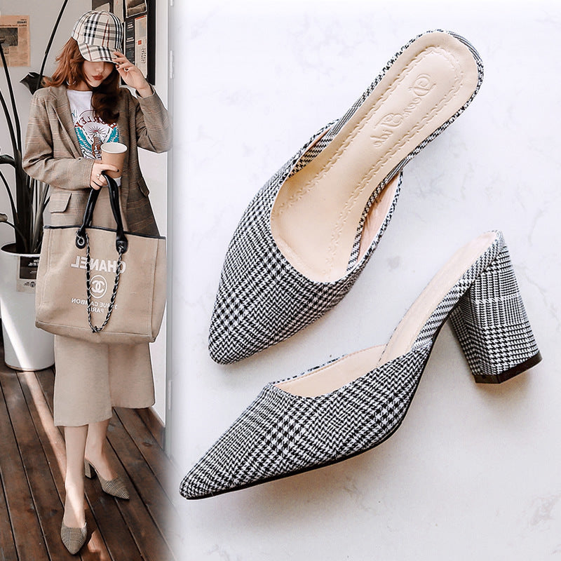 Pointed plaid high heel cool slippers