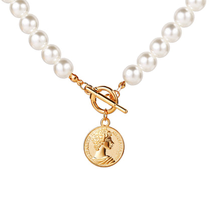 Imitation Pearl Coin Pendant Necklace