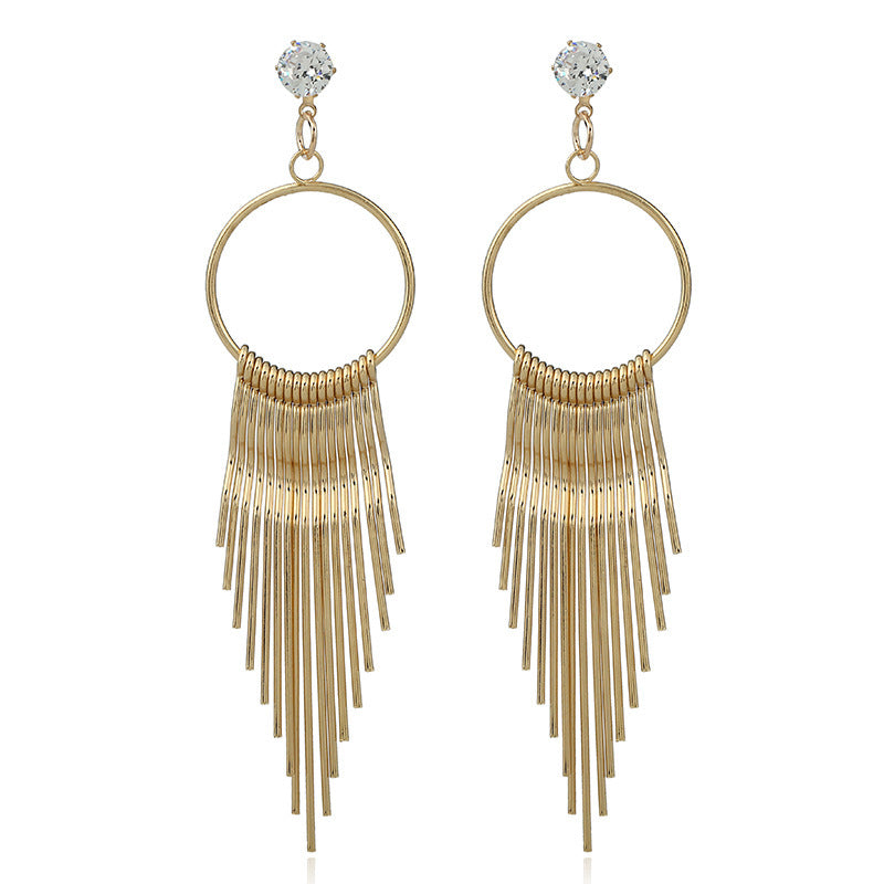 Zircon metal long fringed earrings