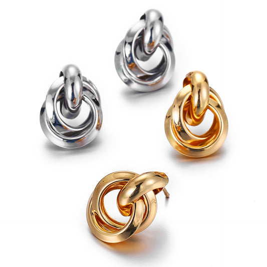 Alloy double round two-ring interlocking earrings