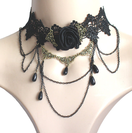 Black Rose Flower Gemstone Pendant Necklace