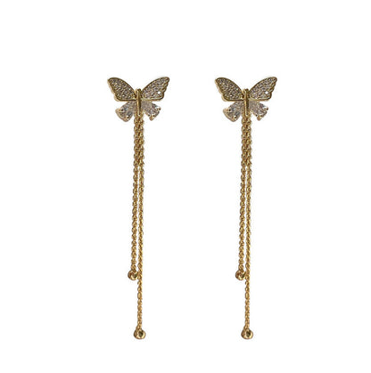 One pair of long butterfly stud earrings.