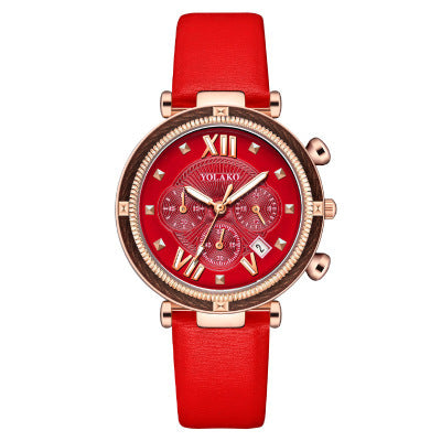 Three-Eye Calendar Womens Watch Leather Strap