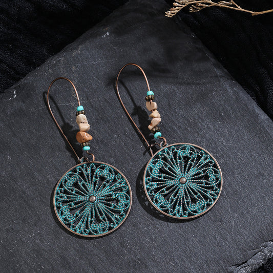 Gold Carving Hollow Flower Earrings Stone