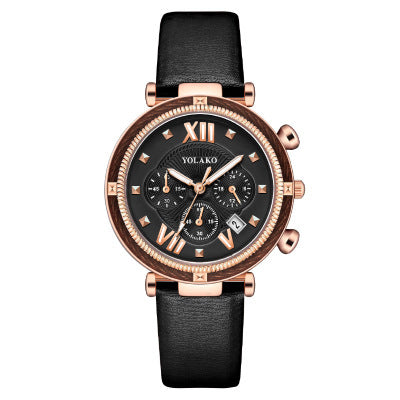 Three-Eye Calendar Womens Watch Leather Strap