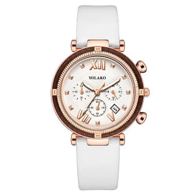 Three-Eye Calendar Womens Watch Leather Strap