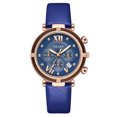 Three-Eye Calendar Womens Watch Leather Strap