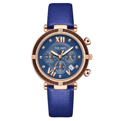 Three-Eye Calendar Womens Watch Leather Strap