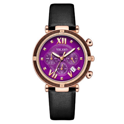 Three-Eye Calendar Womens Watch Leather Strap