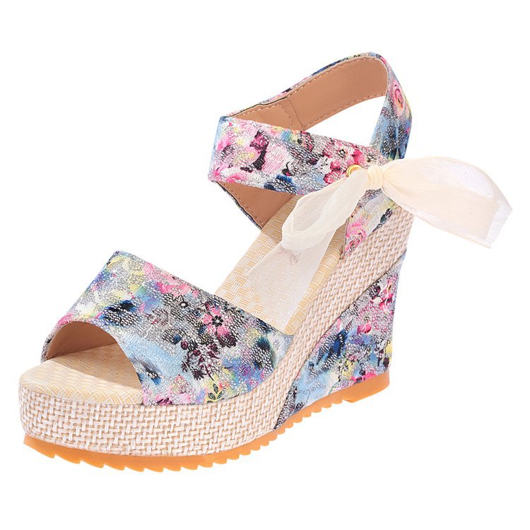 Flower Wedge Heel Strap Bow Shoes