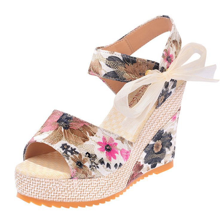 Flower Wedge Heel Strap Bow Shoes