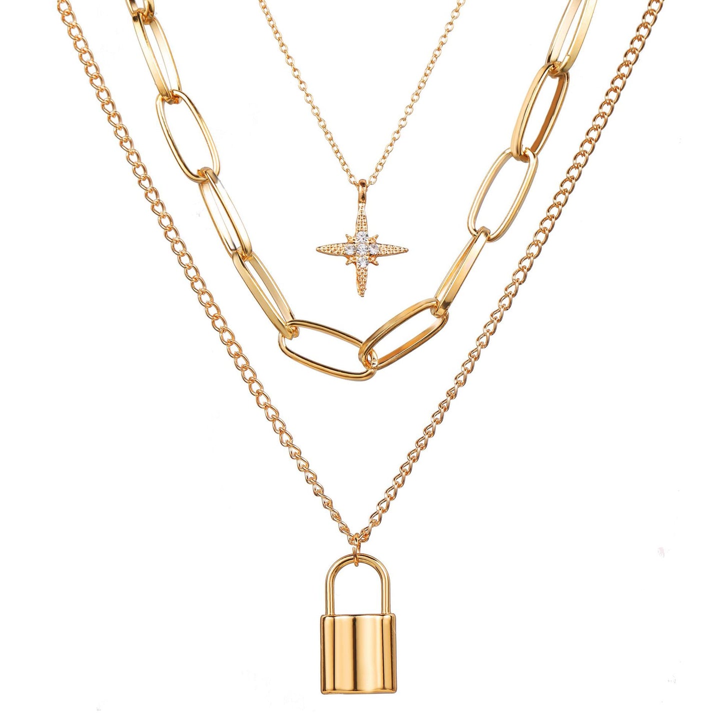 Eight-pointed star lock thick chain necklace