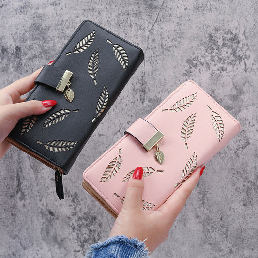 Hollow Leaf Zipper Button Wallet