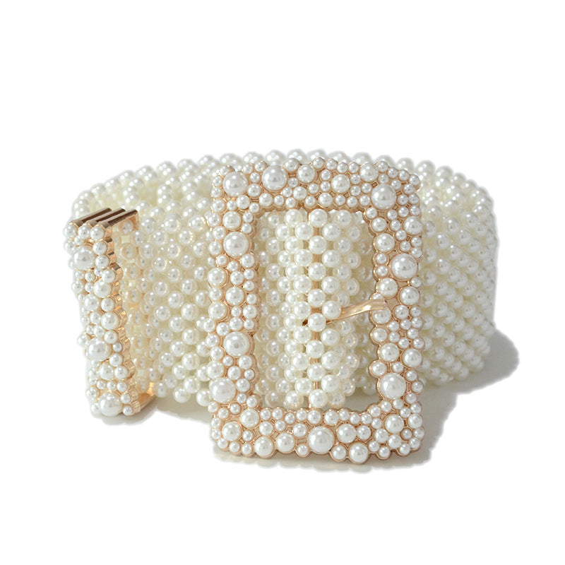 Atmospheric Pearl Square Buckle Decorative Wide Belt