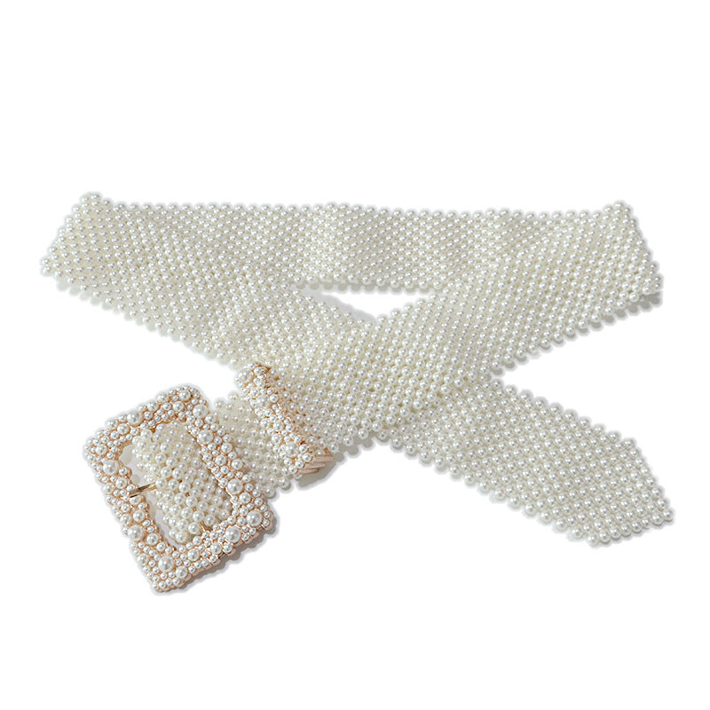 Atmospheric Pearl Square Buckle Decorative Wide Belt