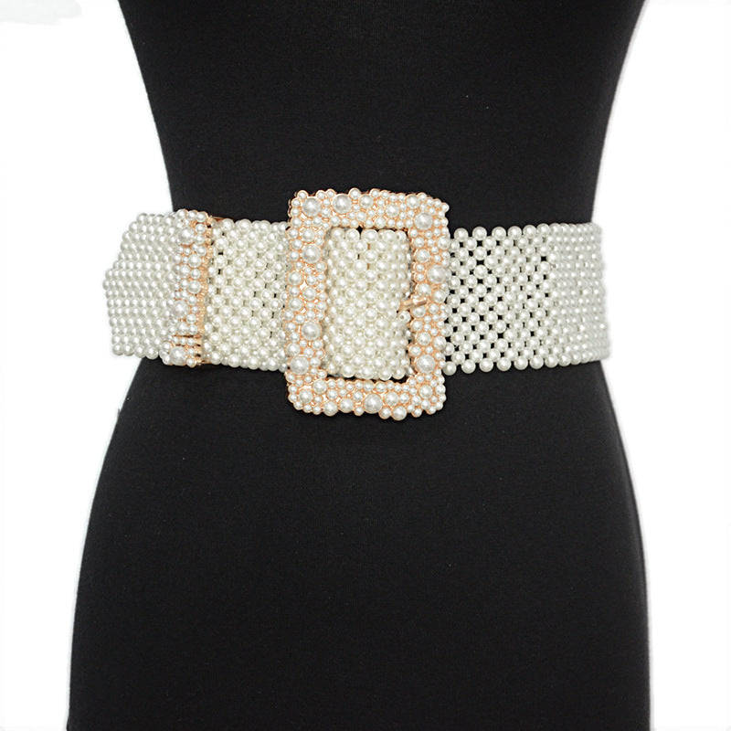 Atmospheric Pearl Square Buckle Decorative Wide Belt