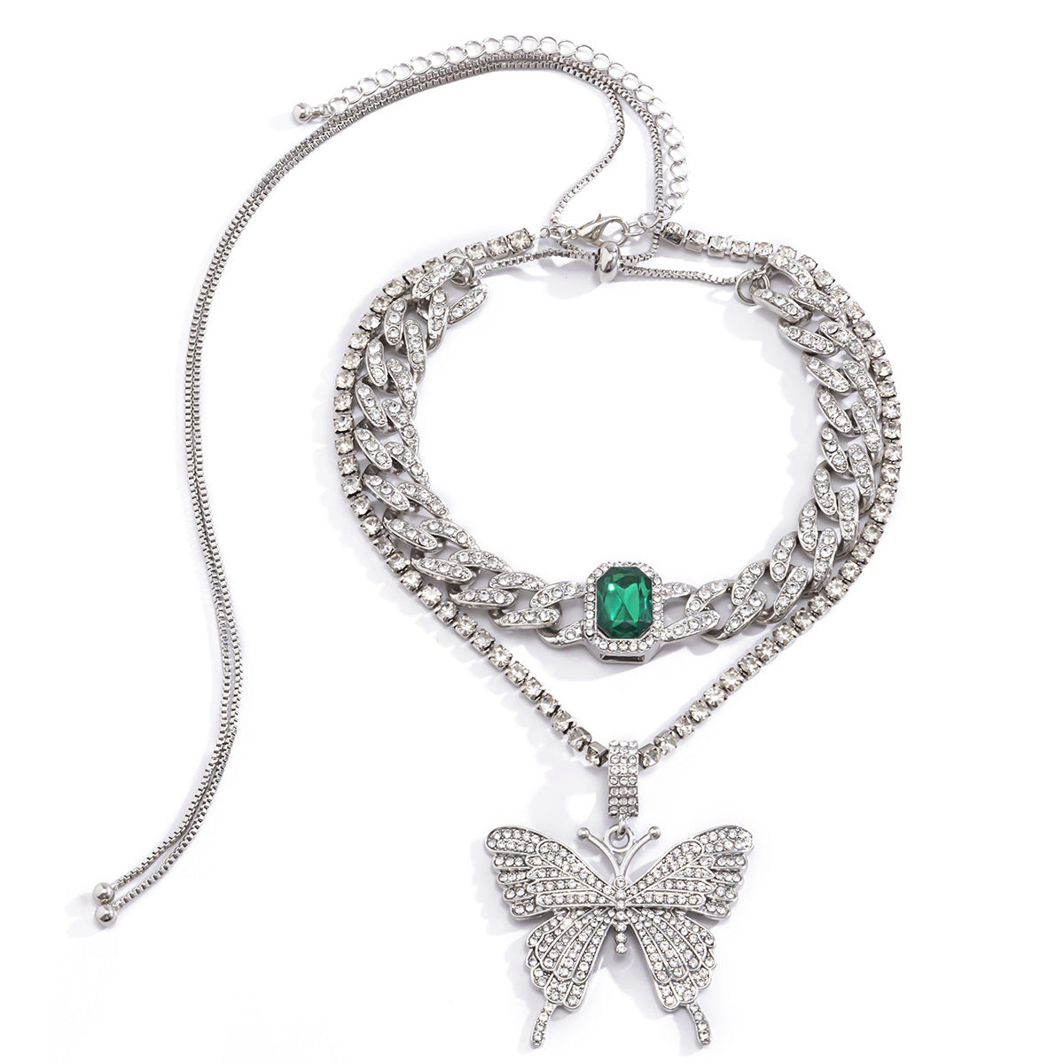 Cuban Chain Diamond Butterfly Gemstone Necklace