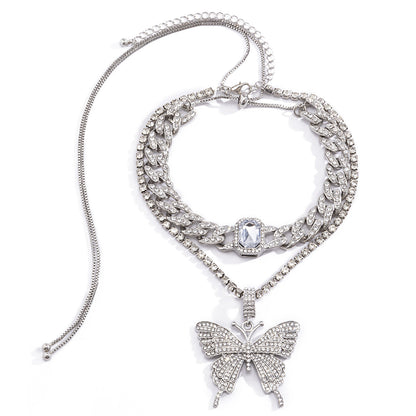 Cuban Chain Diamond Butterfly Gemstone Necklace