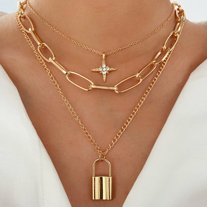 Eight-pointed star lock thick chain necklace