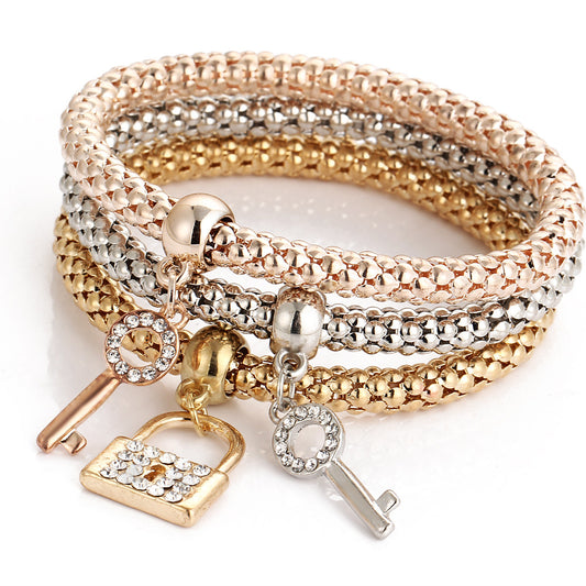 Alloy Crystal Diamond Key Lock Elastic Bracelet