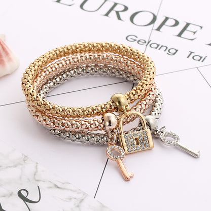 Alloy Crystal Diamond Key Lock Elastic Bracelet