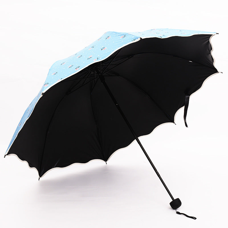 New Folding Rose Umbrella Black Coated 3-Fold Umbrella