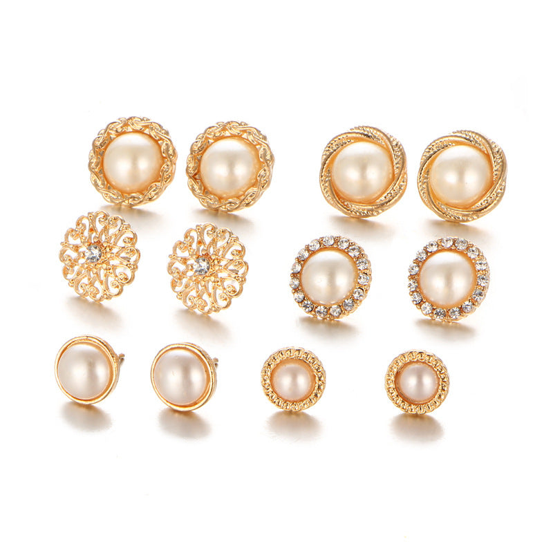 Set of 6 Flower Imitation Pearl Earrings