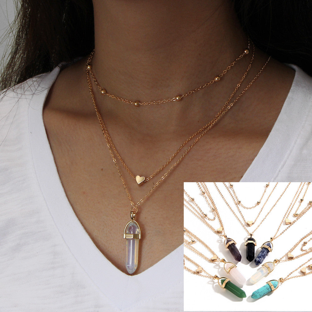 Hexagonal diamond gemstone multi-layer necklace