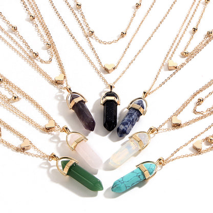 Hexagonal diamond gemstone multi-layer necklace