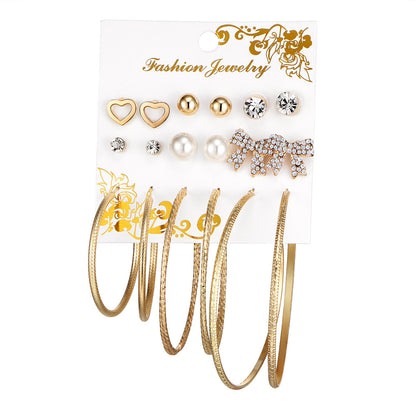 Bowknot big circle personality 9 pairs of earrings set