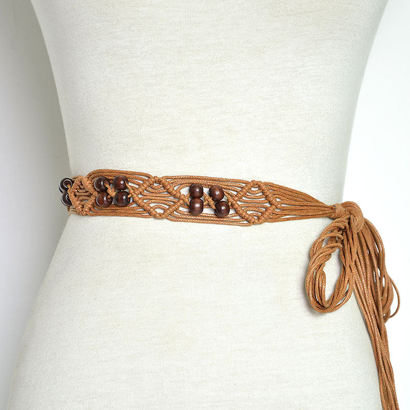 Wooden bead woven women's waist chain