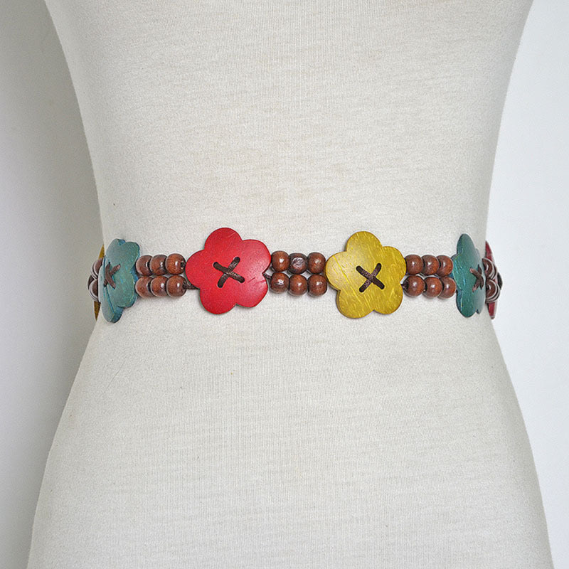 Wooden bead flower string stitched woven waist chain