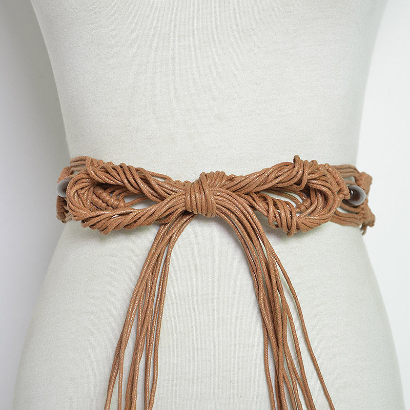 Wood bead gemstone woven waist chain