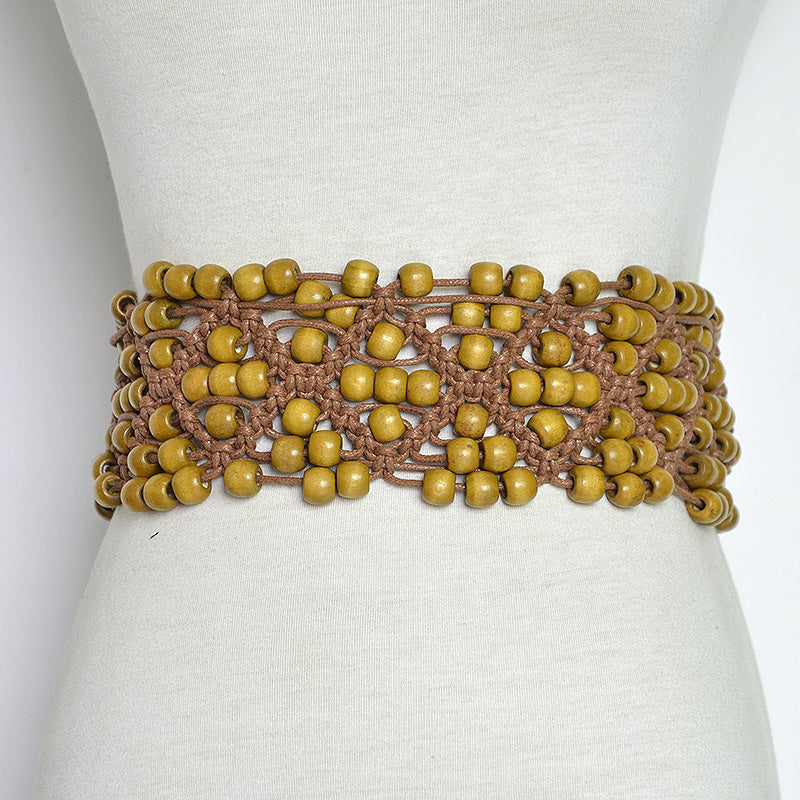 Wax rope wooden bead woven decorative belt