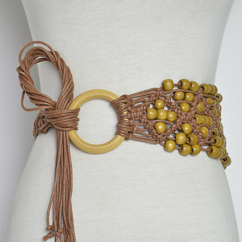 Wax rope wooden bead woven decorative belt