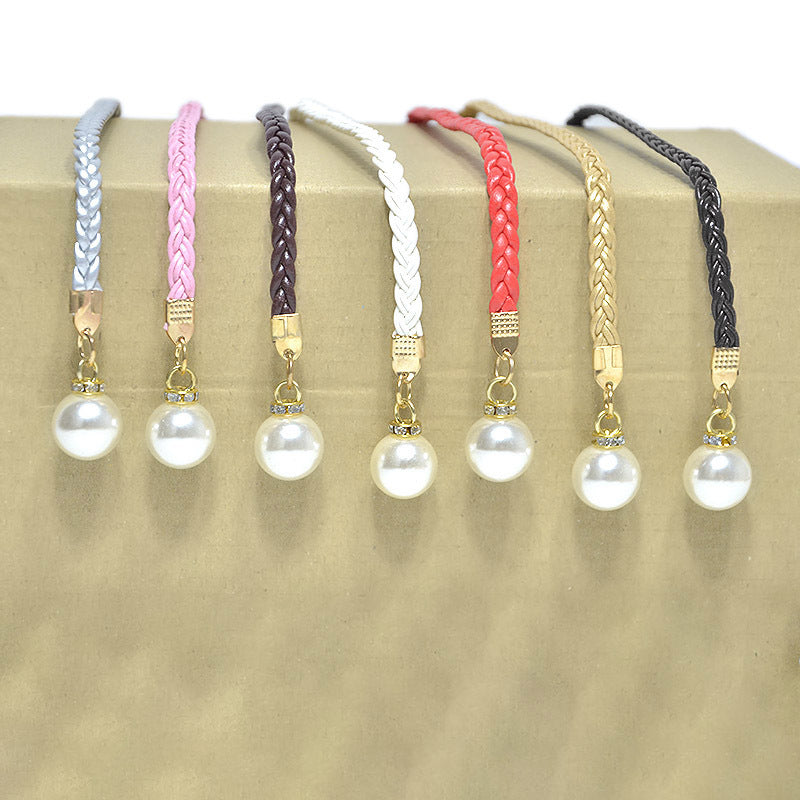 Pearl buckle decorative woven thin waist rope