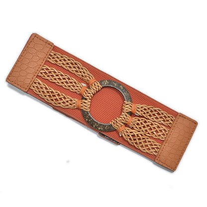 Wooden buckle braided elastic wide waist seal