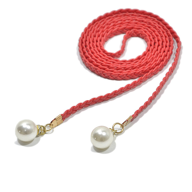 Pearl buckle decorative woven thin waist rope