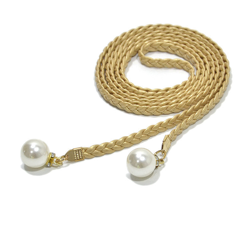 Pearl buckle decorative woven thin waist rope