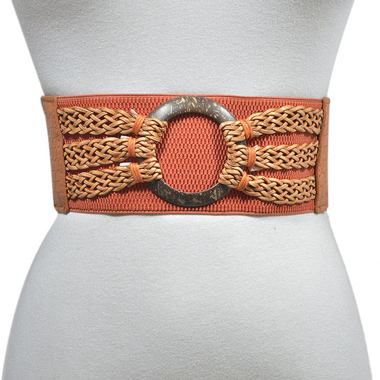 Wooden buckle braided elastic wide waist seal