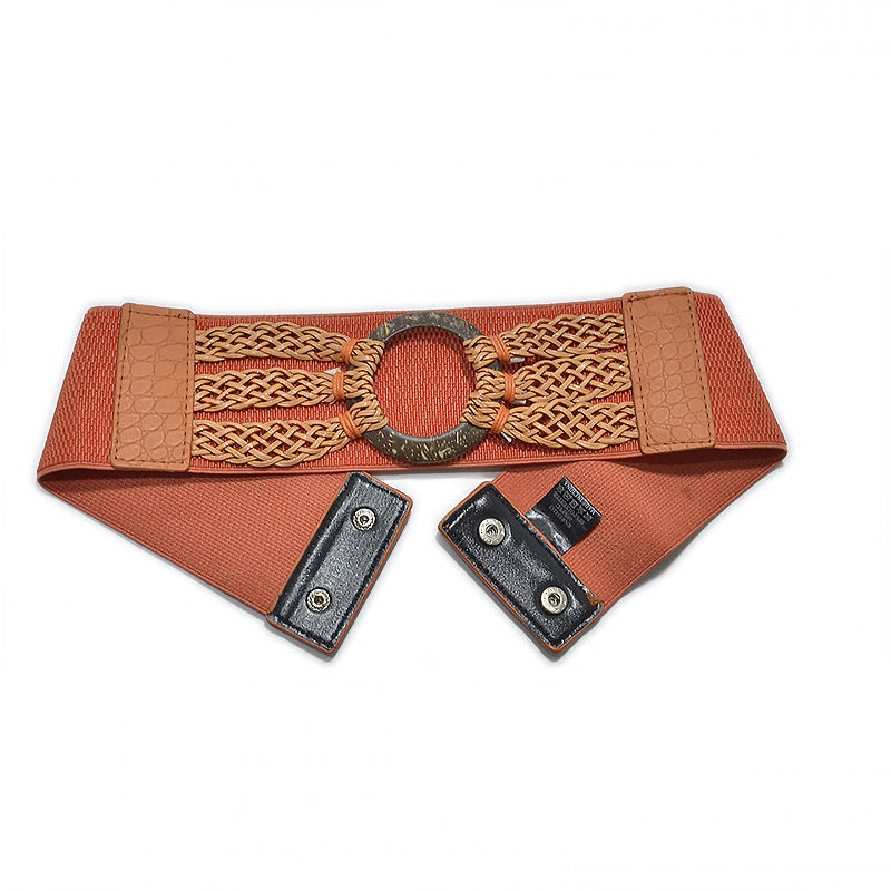 Wooden buckle braided elastic wide waist seal