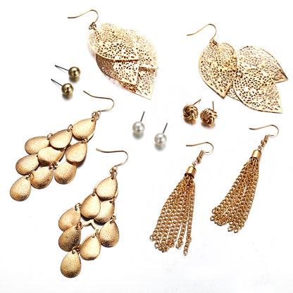 6 pairs of pearl earrings set with leaf weaving