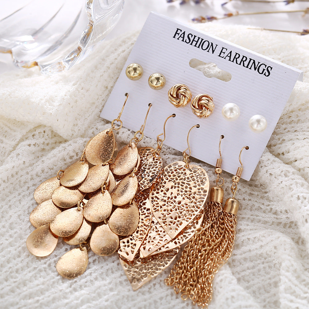 6 pairs of pearl earrings set with leaf weaving