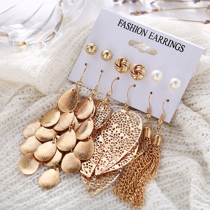 6 pairs of pearl earrings set with leaf weaving